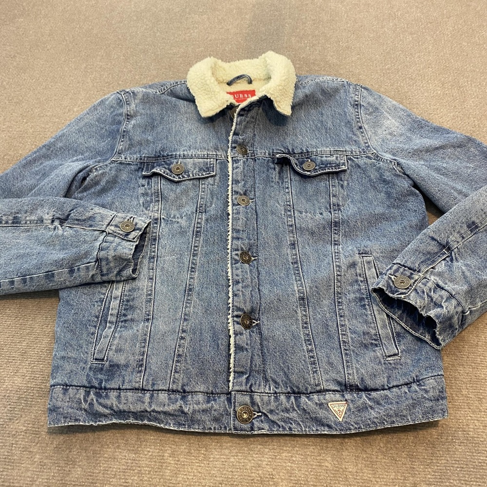 Guess Jacket Mens Medium Blue Sherpa Lined Denim Trucker Faux Shearling Warm
